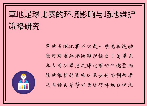 草地足球比赛的环境影响与场地维护策略研究